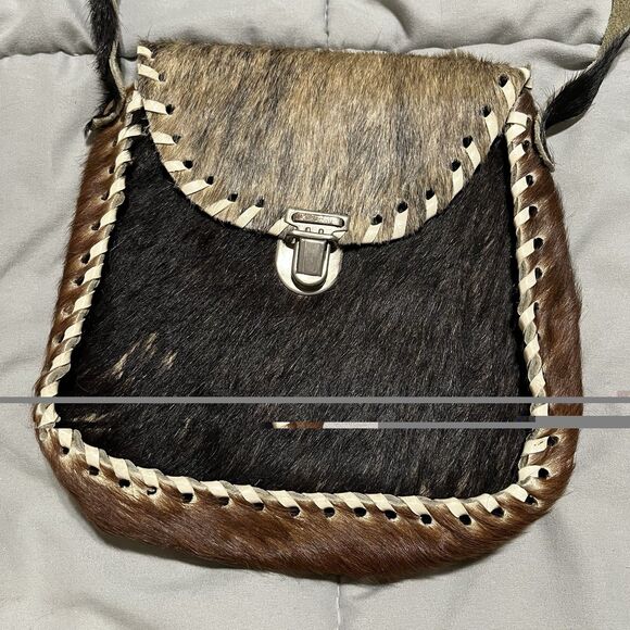 Womens Small Pony Cowhide Handmade Leather Black & Brown White Stitch Bag 7X7 - Picture 2 of 9
